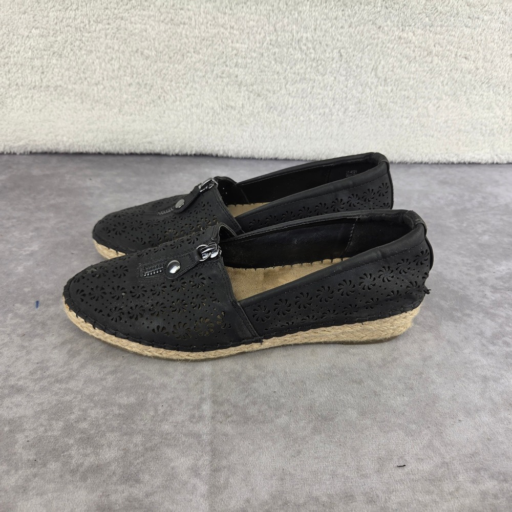 Easy Street Black Laser Cut Floral Espadrille Flats Zipper Accent Slip On Shoes